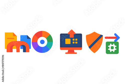 Archival Tools Icons. Flat vector icons of archival conversion tools: migration bridge linking file types, color preservation disc