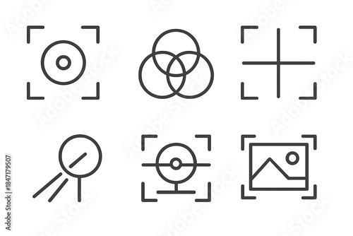 Unified Lens Icons. Line style icons of unified perspective lenses: centered focus icon, layered vision circles, symmetry
