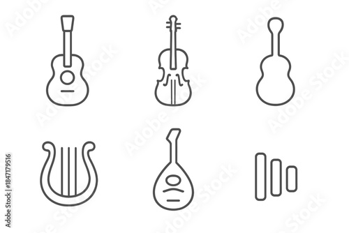 Minimalist Instrument Icons. Line style icons of silhouette instrument creators: abstract instrument outlines, hollow sound body,