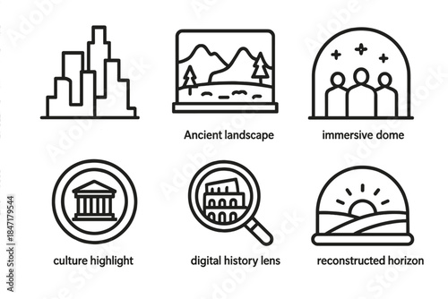 Timeless Iconic Visuals. Line style icons of past era visualizers: layered city silhouette, ancient landscape projection,