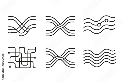 Flowing System Integration. Line style icons of flowing system integration: wave-like connection patterns, fluid data channels,