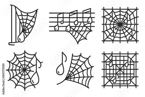 Dewdrop Melody Web. Line style icons of dewdrops as musical notes on spiderwebs: spiderweb harp, dewdrop melody lines, morning