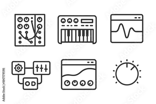 Virtual Instrument Icons. Line style icons of virtual instrument creators: modular synth rack, MIDI keyboard, waveform sculptor,