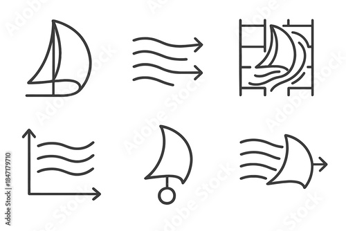 Sailing Wind Dynamics. Line style icons of sails catching perfect winds: billowing sail diagram, directional wind vector, airflow