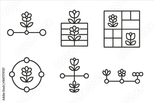 Botanical Timeline Icons. Line style icons of botanical timeline interfaces: sequential flower node map, layered bloom interface,