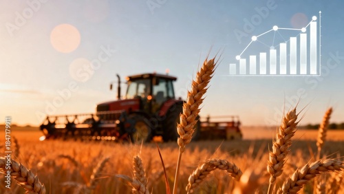 Tractor harvesting wheat in field with financial graph overlay showing agricultural economy, farm production data, market trends, investment planning, and sustainable agribusiness management