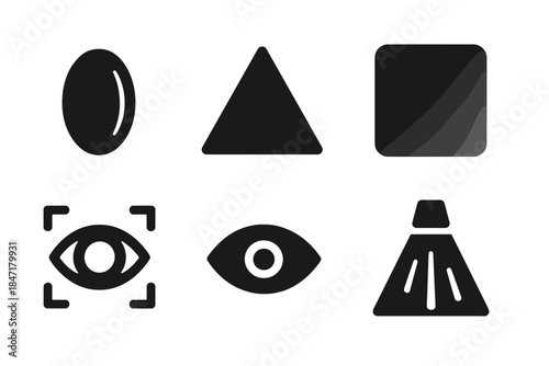 Vision Tools Icons. Solid style icons of blended vision tools: lens, prism, gradient overlay, focus lines, eye icon, beam of light