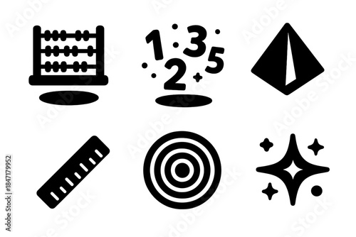 Surreal Math Icons. Solid style icons of surreal math tools: floating abacus, levitating numbers, prism, ruler, circular pattern,