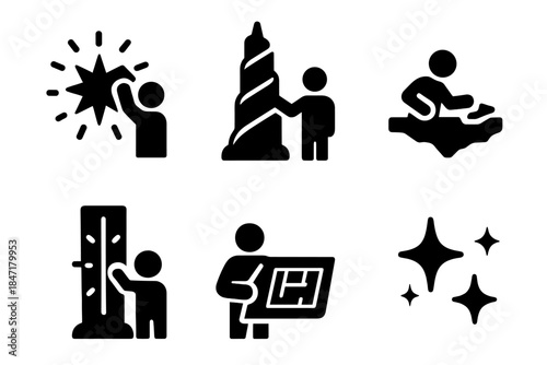 Wonder Structure Icons. Solid style icons of wonder structure creators: starburst, spiral tower, floating platform, glowing beam,