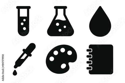 Historical Dye Tools Icons. Solid style icons of historical dye reconstruction tools: test tube, flask, color drop, pipette,
