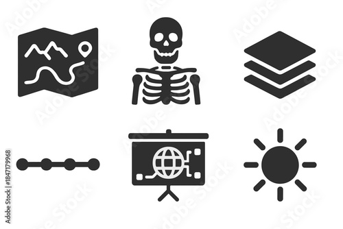 Retro Data Icons. Solid style icons of past era visualization: landscape map, skeletal diagram, layer chart, timeline line,