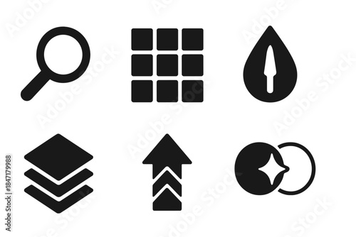 Resolution Enhancement Icons. Solid style icons of resolution enhancement systems: zooming lenses, pixel grids, sharpening icons,