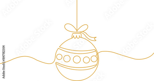 Christmas bauble line art vector; Gold ornament decoration; Golden sphere traditional symbol