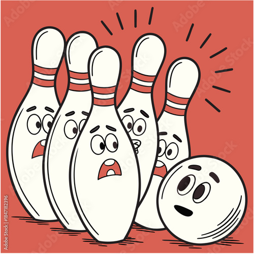 "Bowling pins cartoon vector illustration with scared expressions, retro sport game character design for funny competition recreation and leisure theme"

