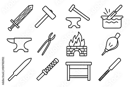 Traditional Swordmaking Icons. Line style icons of Traditional Swordmaking: Pattern-Welded Steel, Smith’s Hammer, Quenching Tub,