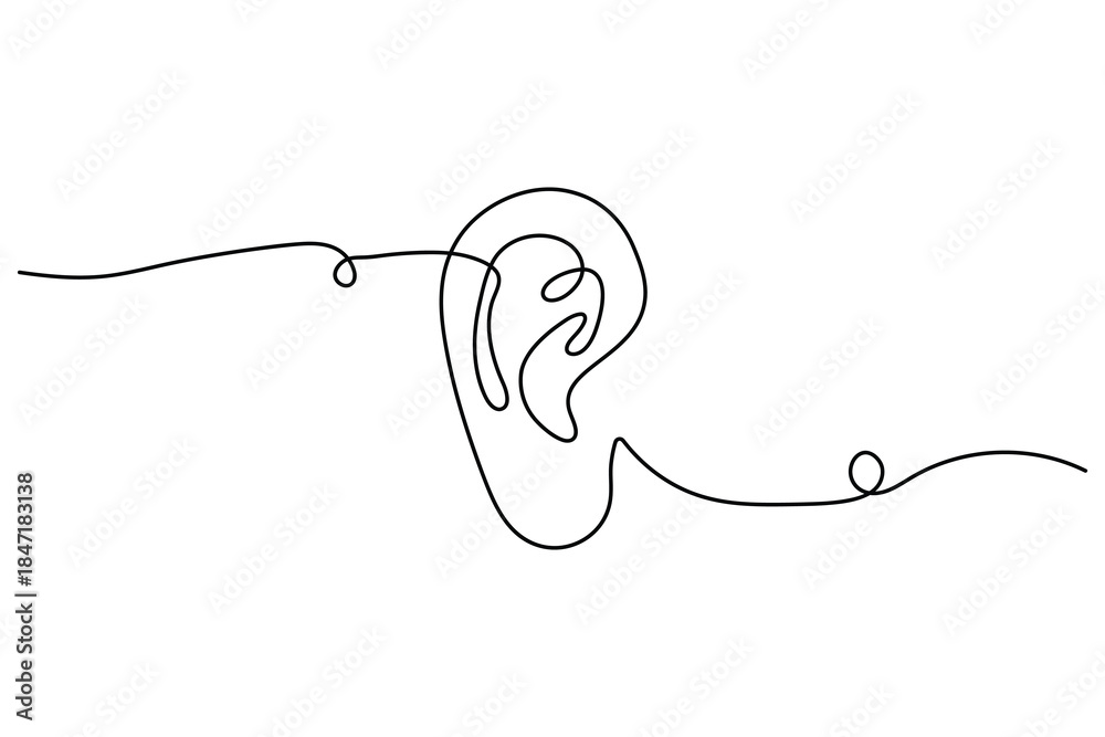 Obraz premium Human ear listening concept continuous one line vector illustration