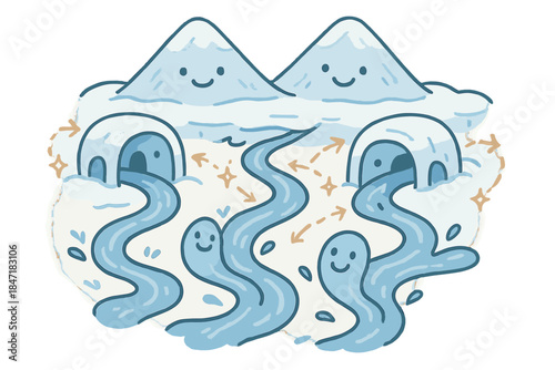 Cheerful Meltwater Pathways. Cute doodle meltwater routing scene with cheerful streams, cartoon ice tunnels with faces, smiling