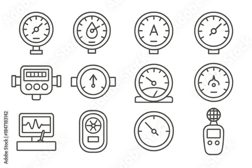 Measurement Device Icons. Line style icons of measurement devices: manometer, hygrometer, galvanometer, tachometer; water meter,