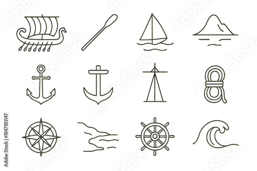 Ancient Seafaring Icons. Line style icons of ancient seafaring: trireme, oar, sail, distant land; anchor, rudder, mast, rope coil;
