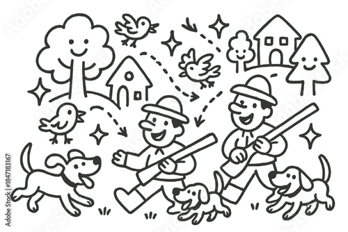 Cheerful Hunting Adventure. Playful doodle village hunting scene with cheerful hunters, cartoon dogs and birds smiling, happy