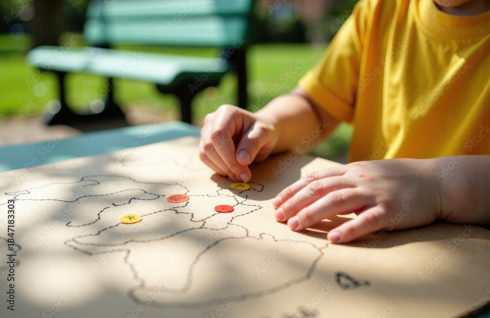 Fototapeta premium Child drawing on a park table with a chalk map under sunny light as shadows play