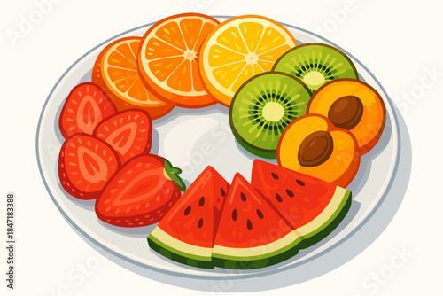 Rainbow Fruit Plate. Vibrant vector illustration rainbow of fresh fruit slices arranged on a clean white plate, inviting and