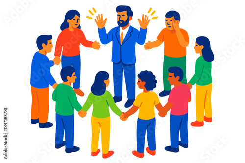 Group Healing Circle. Isometric vector illustration set Group Healing Experiments: Circle of linked patients, mesmerist in center,