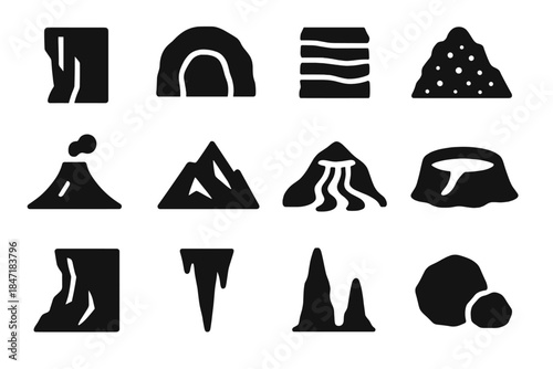 Geological Icons Collection. Solid style icons of geological formations: cliff, cave, rock layers, sediment, volcano cone,