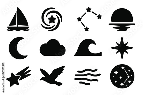 Wind and Stars Icons. Solid style icons of Wind and Stars: Sail, Star Trail, Constellation, Horizon, Moon Disk, Cloud, Wave,