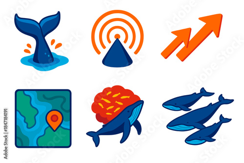 Whale Navigation Icons. Isometric vector illustration set Whale Navigation: humpback whale tail, sonar sound waves, migration