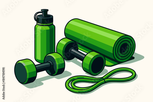 Sleek Fitness Gear. Modern composition of sleek green fitness equipment resting on a clean white surface, sharp vector