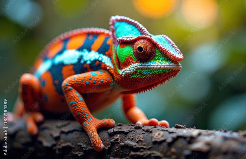 Fototapeta premium Chameleon on a branch shows vivid colorful patterns and highly textured skin