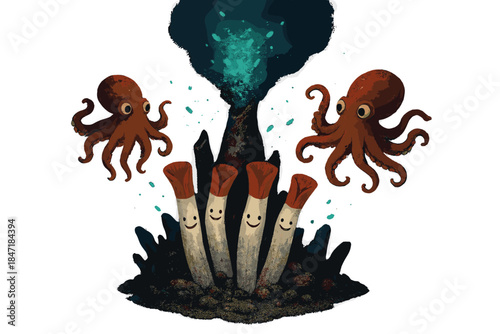 Deep-Sea Ecosystem. Deep-sea hydrothermal vent with smiling tube worms, glowing bacteria clouds, and curious octopus visitors No