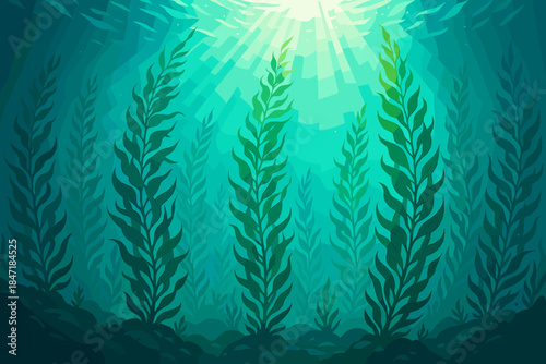 Glowing Kelp Forest. Underwater kelp forest glowing under vector illustration beams of sunlight filtering through the water,