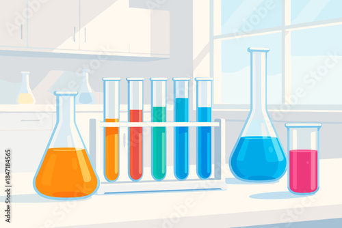 Colorful Lab Scene. Bright laboratory scene with colorful test tubes and beakers, clean and modern composition, vibrant lighting,