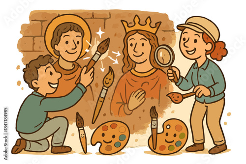 Joyful Artwork Restoration. Cheerful doodle authentic restoration scene with happy restorers, cartoon brushes and palettes with