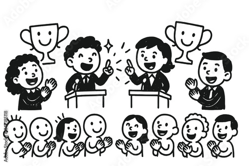 Playful Debate Doodle. Playful doodle competitive debate scene with cheerful teams, smiling trophies in the background, cartoon