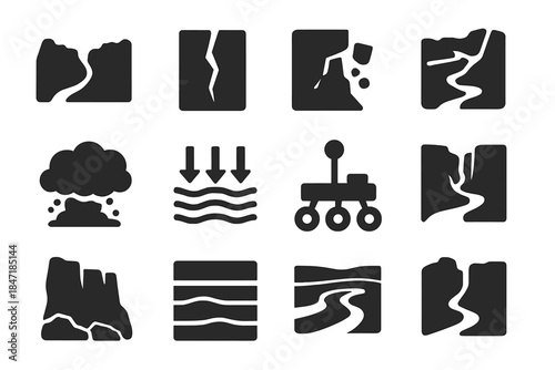 Martian Canyon Icons. Solid style icons of Martian canyon formation: Valles Marineris profile, tectonic crack, collapsed canyon