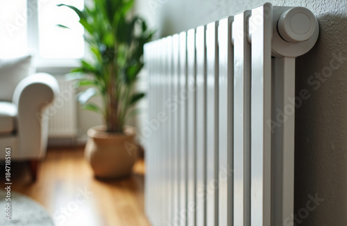 White radiator along living room wall with blurred plant and sofa foreground