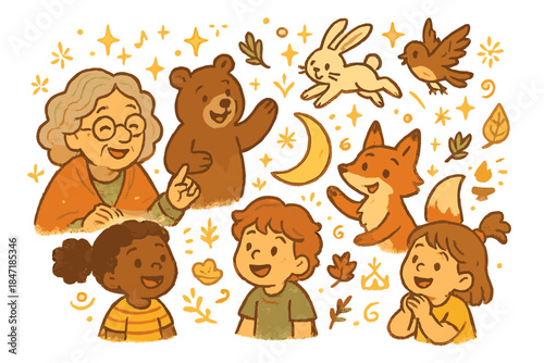 Folklore Storytime Delight. Magical doodle folklore storytelling with smiling elders, cartoon animals acting out myths, cheerful