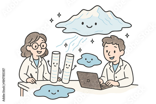 Whimsical Glacier Lab. Adorable doodle glacier dynamics lab with smiling scientists, cartoon ice cores waving, cheerful subglacial