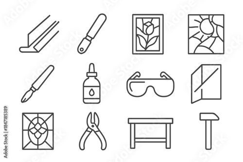 Stained Glass Art Icons. Line style icons of Stained Glass Art: Lead Came, Glass Cutter, Cartoon Sketch, Sunlight Through Colors;