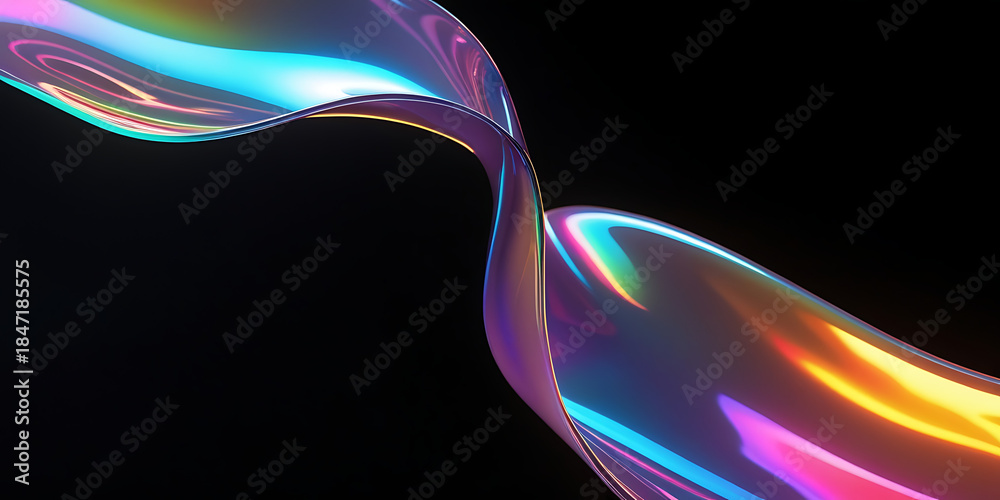 Fototapeta premium Black dark abstract background. Iridescent neon liquid waves flowing in glossy motion. Colorful fluid glass surface with rainbow highlights. Futuristic metallic shine. Dynamic 3D render.