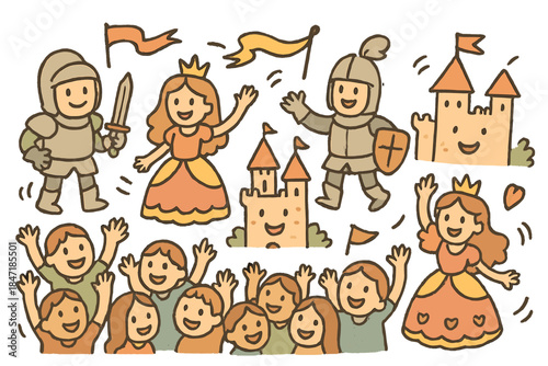 Joyful Medieval Fair. Cheerful doodle medieval fair with smiling knights in simplified armor, princesses waving, tiny castles with