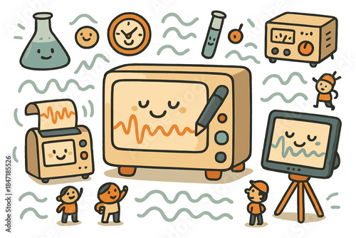 Cheerful Seismograph Lab. Joyful doodle seismograph lab with happy instruments, cartoon waves bouncing on screens, tiny characters