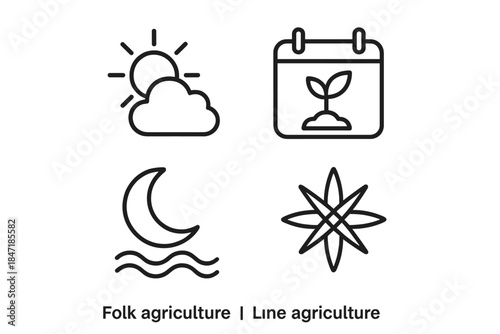 Folk Agriculture Icons. Line style icons of Folk Agriculture: Weather Prediction, Planting Calendar, Tide Chart, Folklore; Sun,