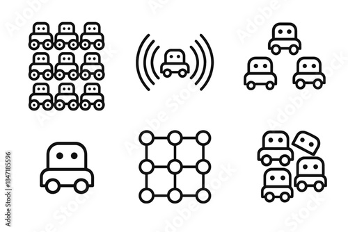 Swarm Robotics Icons. Line style icons of Swarm Robotics Concepts: group of mini robots, swarm communication waves, formation