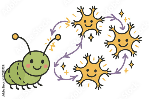 Joyful Insect Energy Flow. Playful doodle insect sensory circuit diagram with cheerful antennae, cartoon neurons lighting up,