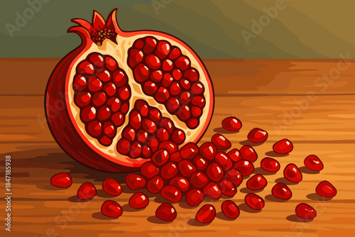 Pomegranate Seeds Spill. Vibrant pomegranate seeds spilling from a vector illustration split fruit onto a wooden table, rich red