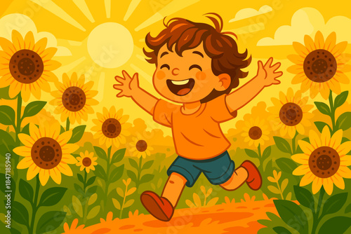 Joyful Child in Sunflower Field. Playful child running through a sunflower field under bright golden sunlight, vibrant and